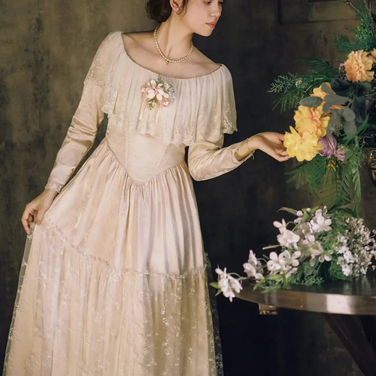 The Giverny Garden Gala Gown | French Satin Lace Patchwork Maxi | Vintage High Waist Ankle Length Dress | Parisian Princess