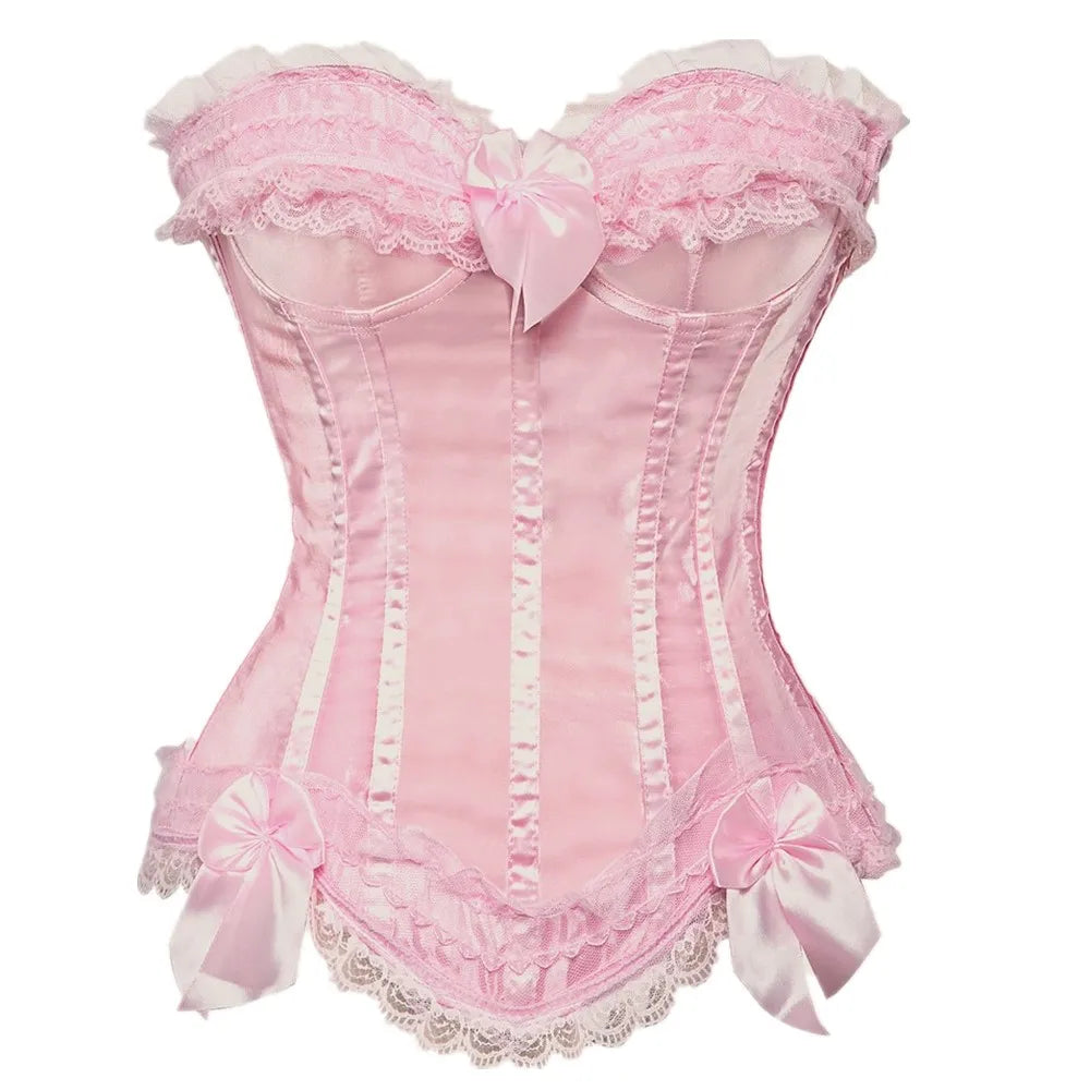 Sexy Lace Overbust Corset Top Women Vintage Satin Bow Bustier Lingerie With Zipper Plus Size Body Shaper Burlesque Corsets