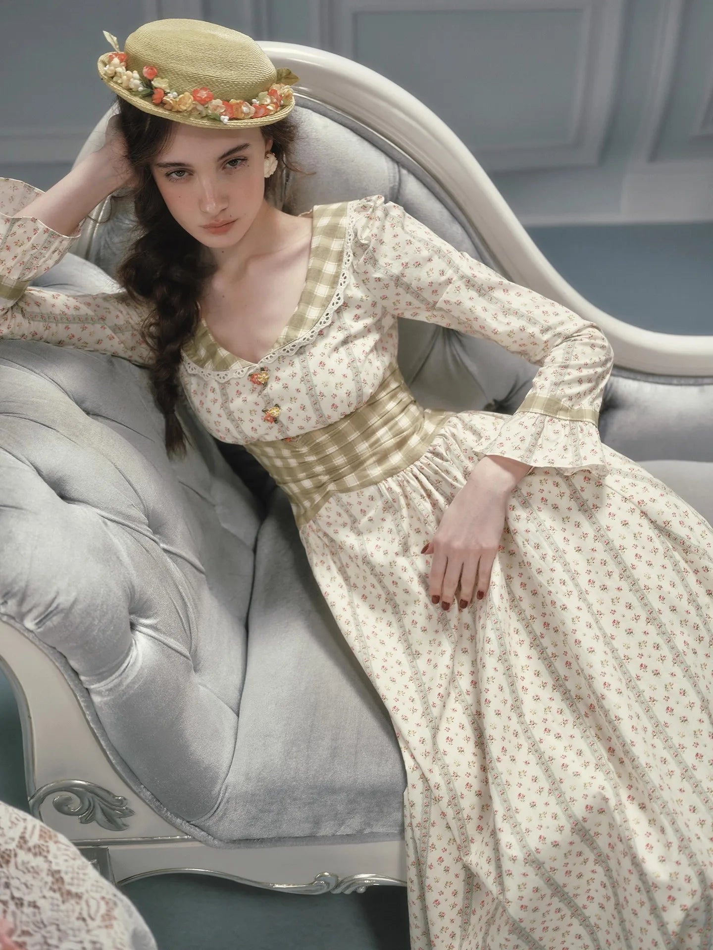 The Cotton Trianon Plaid Patchwork Maxi | 100% Cotton Long Sleeve Gown | Parisian Prairie Dress | Parisian Princess
