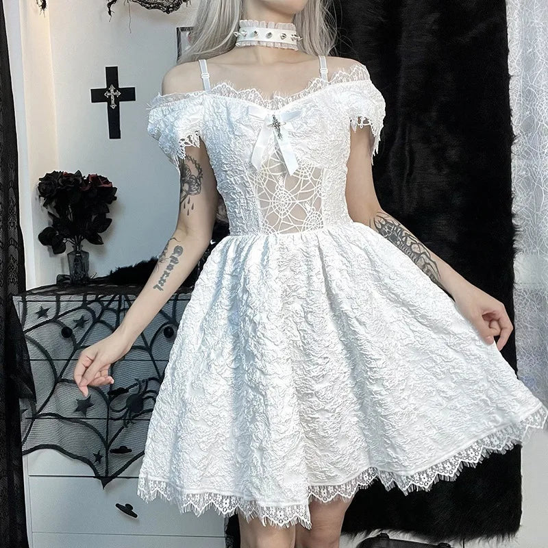 Gothica Lace Short Dress Women Cobweb Patchwork Short Sleeve Cold Shoulder Halloween Outfit Horror Ruffle Trim Costume