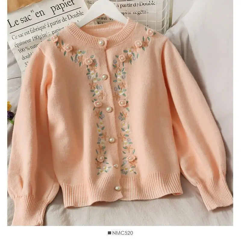 The Tuileries Garden Cardigan | Pink Handmade Floral Embroidered Sweater | Vintage Parisian Girl Knit | Parisian Princess