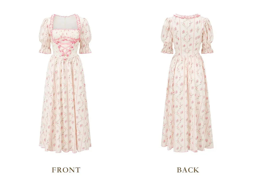 The Giverny Floral Cotton Gown | Square Neck Puff Sleeve Midi | French Countryside Prairie Dress | Parisian Princess