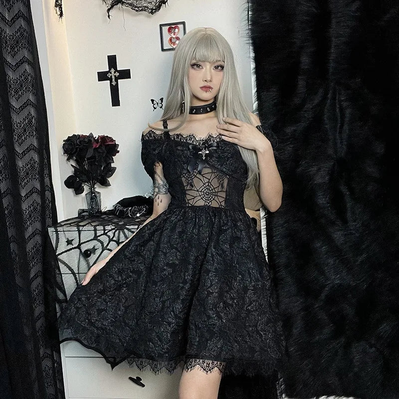 Gothica Lace Short Dress Women Cobweb Patchwork Short Sleeve Cold Shoulder Halloween Outfit Horror Ruffle Trim Costume