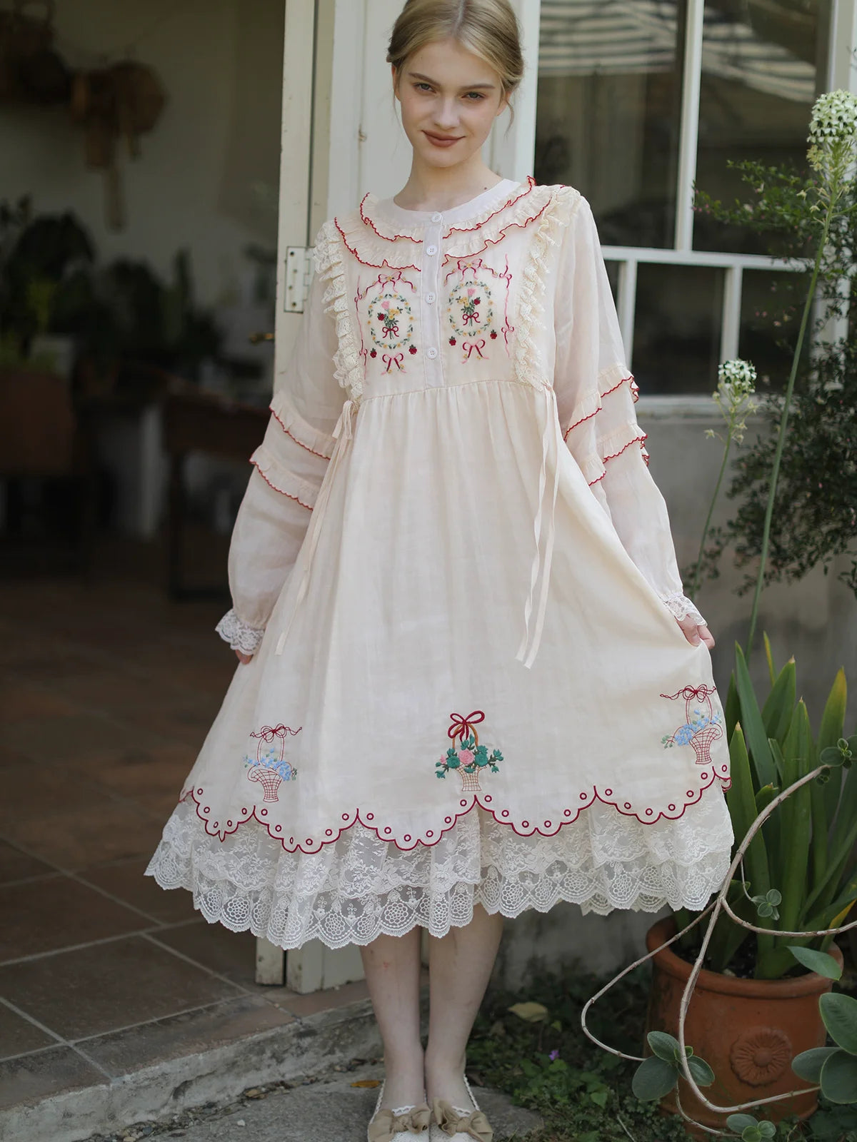 The Antique Botanical Tea Dress | French Forest Girl Embroidery Gown | Loose Fit Cotton-Ramie Jute Aesthetic Midi | Parisian Princess