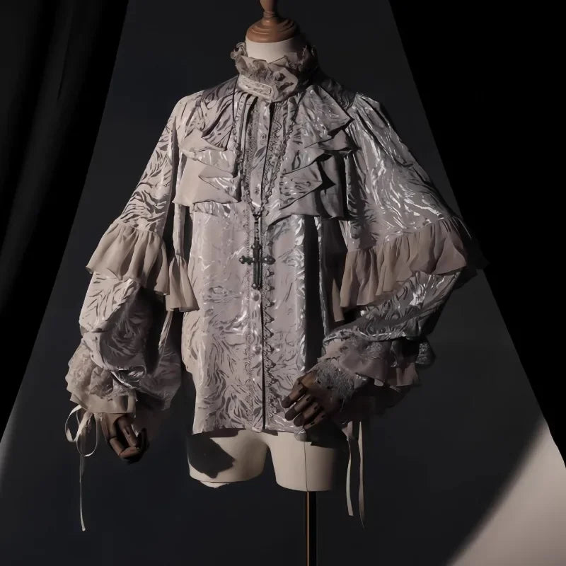 The Dark Academia Archive Shirt | Parisian Gothica Ruffle Stand Collar Blouse | Loose Patchwork Gothic Top | Parisian Princess