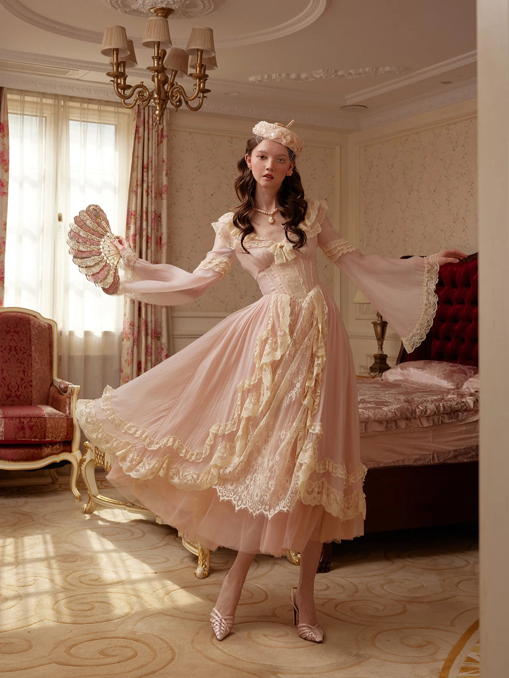 The Parisian Pink Bell Sleeve Gown | Courtly Retro French Lace Dress | Fairy-Tale A-Line Spring Maxi | Parisian Princess
