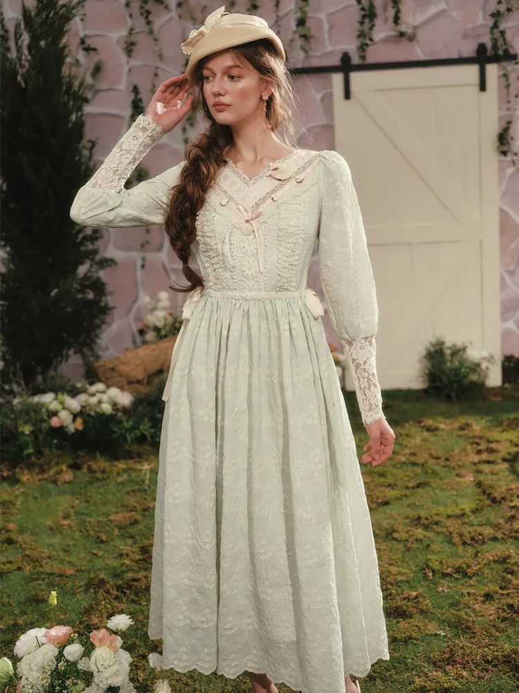 The Giverny Embroidery Gown | French Countryside V-Neck Maxi | Vintage Lantern Sleeve Lace Patchwork Dress | Parisian Princess