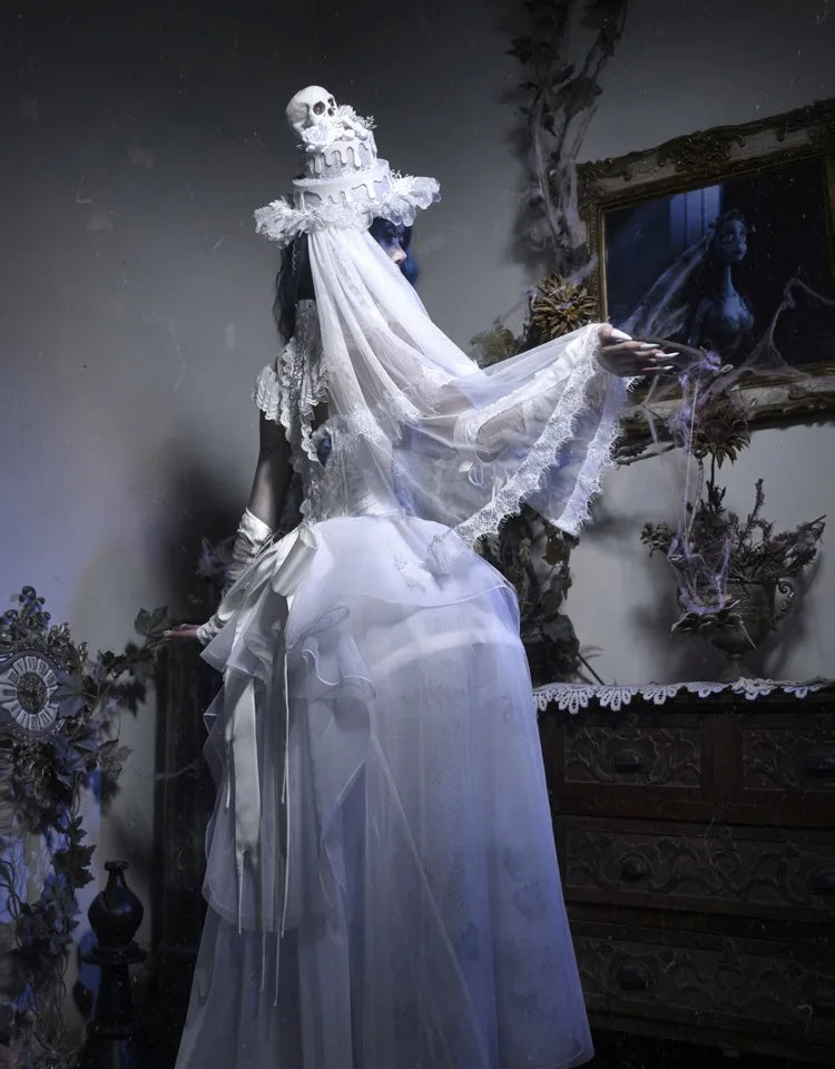 The Gothica White Gothic Dress | Zombie Bride Spine Lace Gown | Chiffon Tailed Party Dress with Cape | Parisian Princess