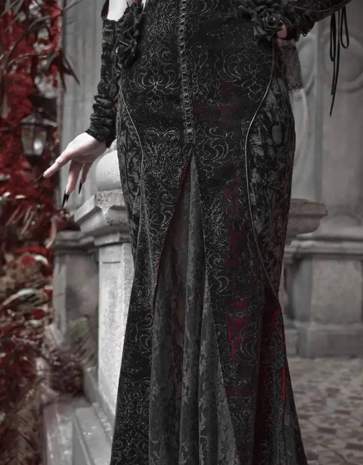 The Scarlet Blood Peak Manteau | French Gothic Dark Heart Velvet Gown | Glitter Mermaid Cosplay Dress | Winter 2024 Atelier Collection