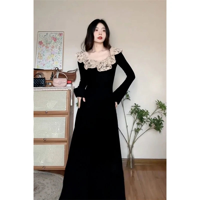 Vintage Lace Black Midi Dress Women Party Sexy Slash Neck Bandage Dresses Autumn Korean Elegant Long Sleeve Bodycon Vestidos New