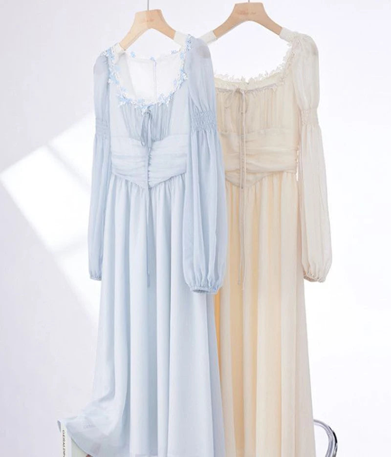 Sweet Sexy Chiffon Dress Women Fashion Slim Elegant French Dress Breathable Long Sleeve Beach Hoiliday Party Vestidos