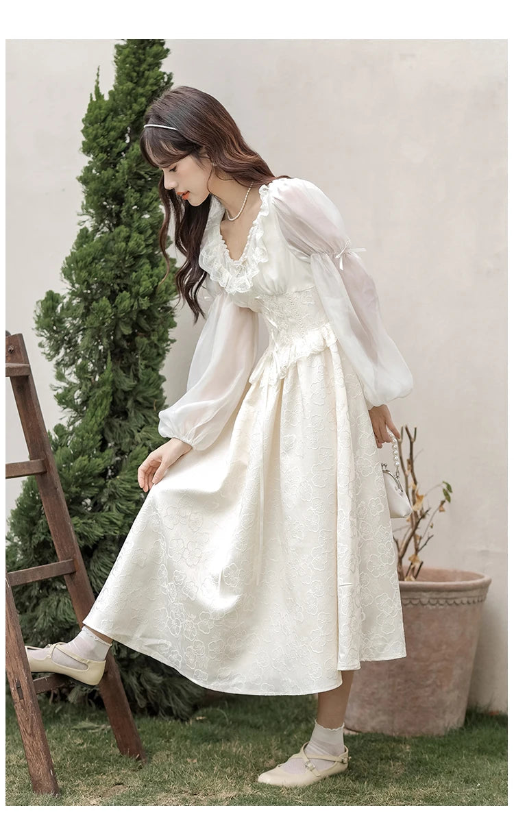 French Fairy Lantern Sleeve Midi Dress for Women Summer Elegant Retro Slim Sweet Party One Piece Dress Korean Casual Clothes