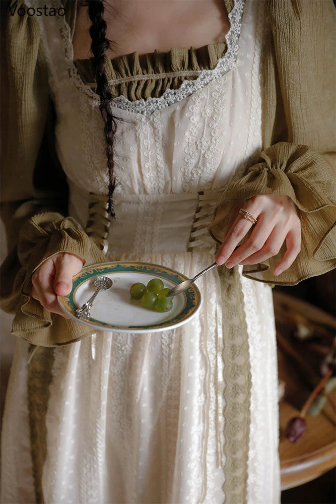 Vintage Chic Parisian Cottagecore Girl Style Dress French Women Elegant Flare Sleeve Bandage Fake Two Pieces Dresses Female Sweet Party Vestidos