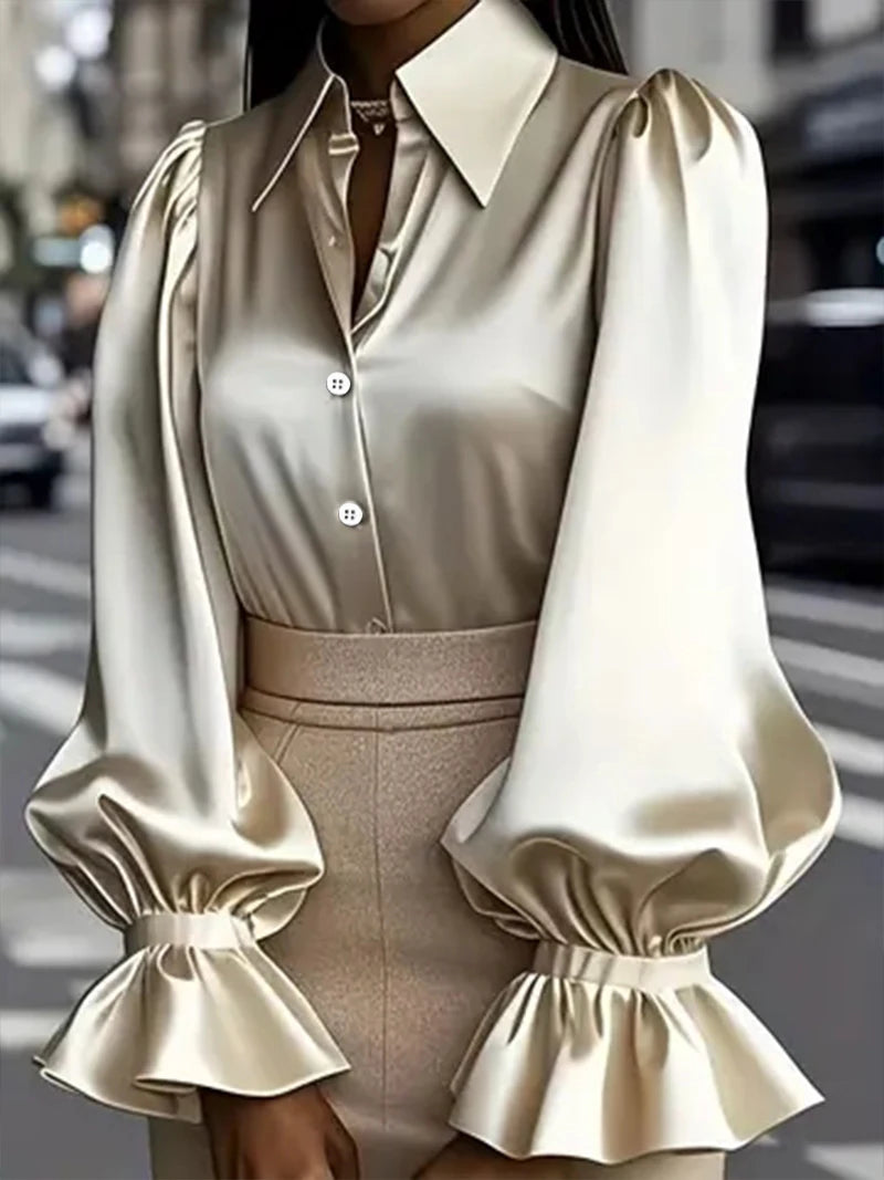 The Parisian Executive Satin Blouse | Ruffled Cuff Button-Down | Chic Office & Casual Silk-Touch Top | Parisian Princess