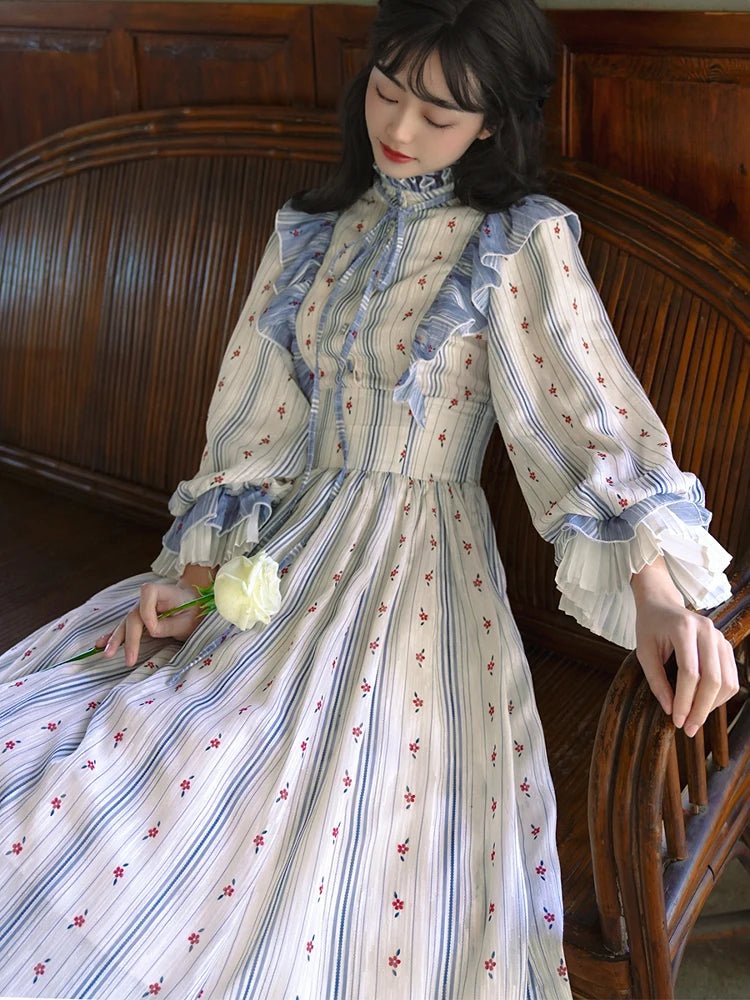 Parisian Long Dresses For Women French Vintage Elegant Slim Luxury Jacquard Print Striped  Lantern Sleeve Dress