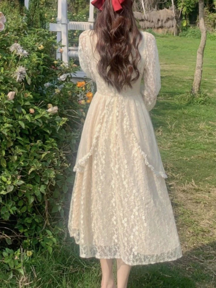 French Vintage Dress Women Summer Long Sleeve Elegant Party Midi Dress Female Casual Retro One Piece Dress Casual