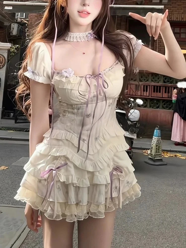 Sweet Parisian 2-Piece Dress Set Women Sexy Off-Shoulder Corset Tops + Mini Cake Skirt French Court Casual Parisian Chic Outfit New