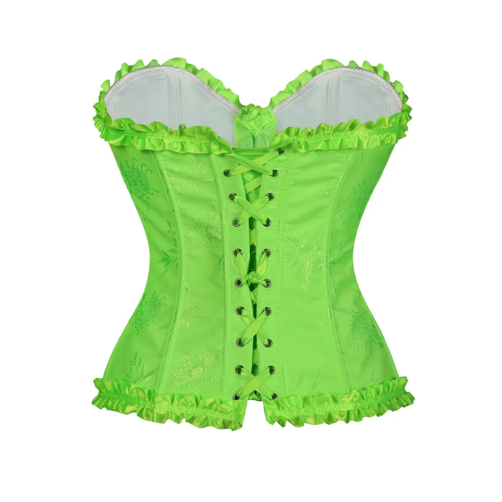 Yellow Jacquard Ruffled Trim Boned Sexy Overbust Push Up Bustier Top Corset Mujer Slimming Corsets For Women Sexy Gothic Clothes