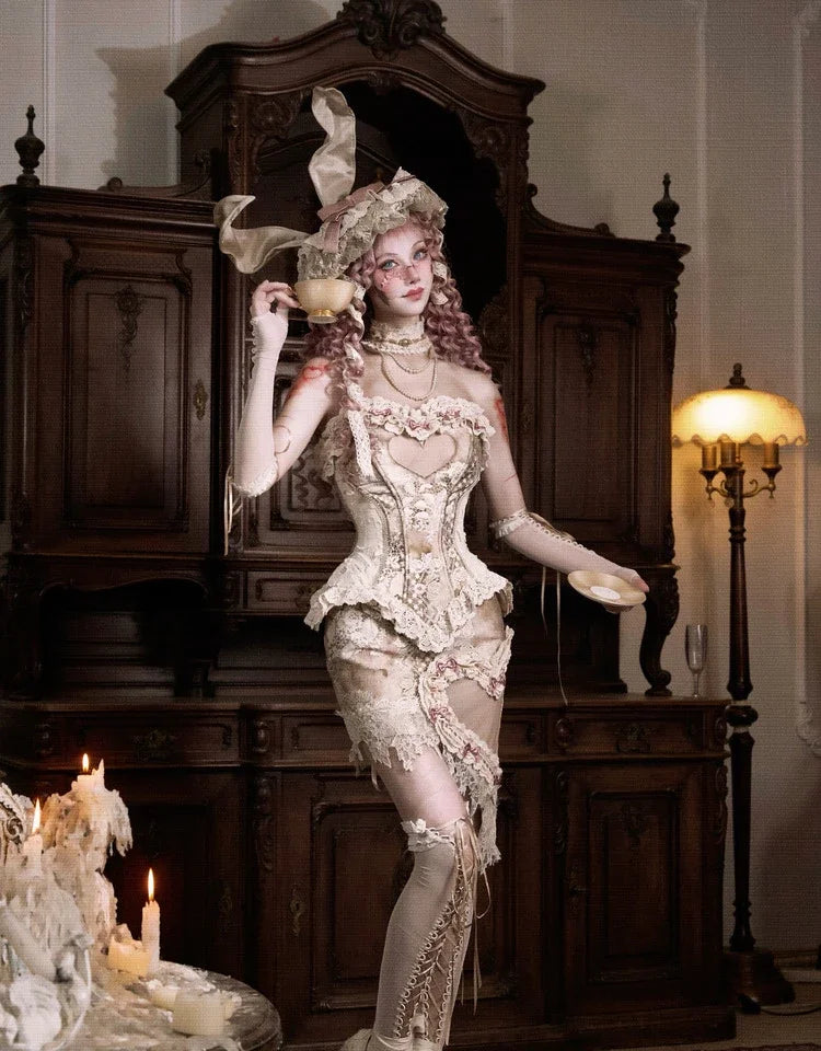 The Versailles Lovecore Lace Set | Fishbone Corset Tube Top & Floor-Length Skirt | Dark Romance Two-Piece | Parisian Princess