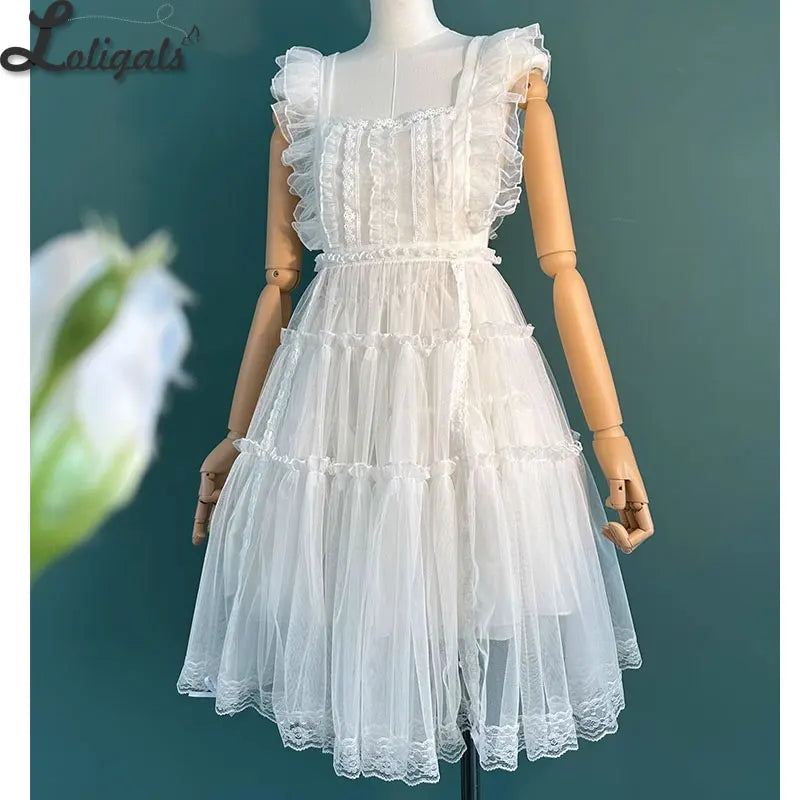 Sheer Mesh Lolita Cover up Dress Ruffled JSK Dress w. Lace Detailing
