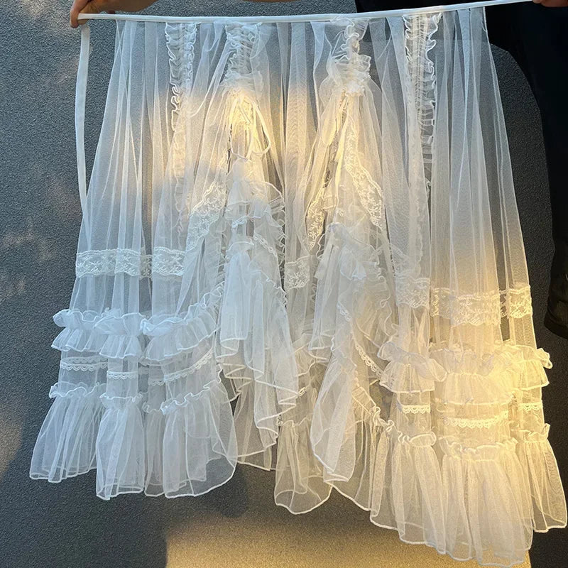 The Ophelia Mesh Waist Curtain | French Lolita Sheer Cover-up | Drawstring Lace Overskirt | Parisian Princess
