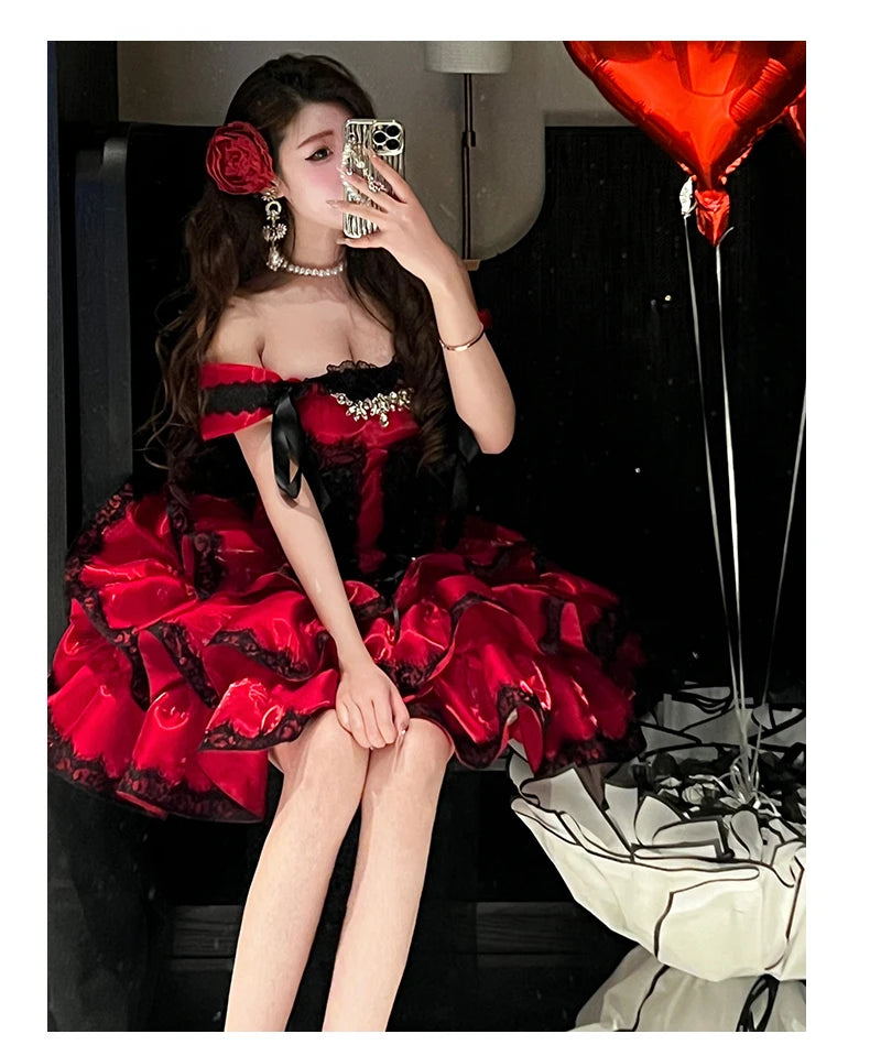 Princess Romantic Date Anniversary Wedding Party Pink Dress Girls Women's Sweet Lolita Halter Off-Shoulder Ball Gown Dresses