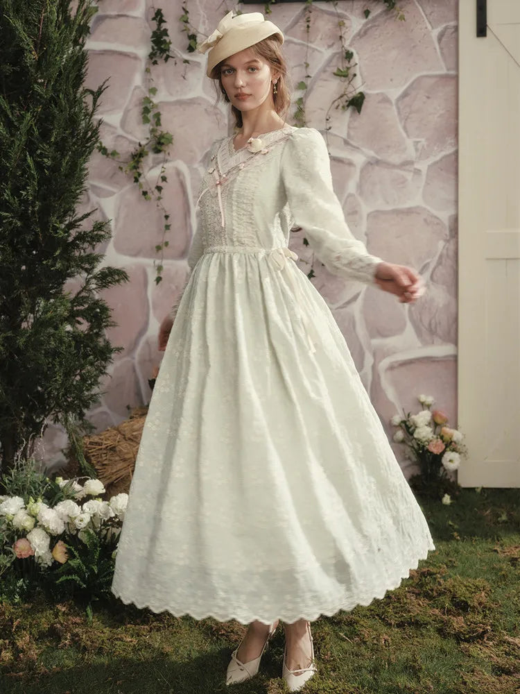 The Giverny Embroidery Gown | French Countryside V-Neck Maxi | Vintage Lantern Sleeve Lace Patchwork Dress | Parisian Princess