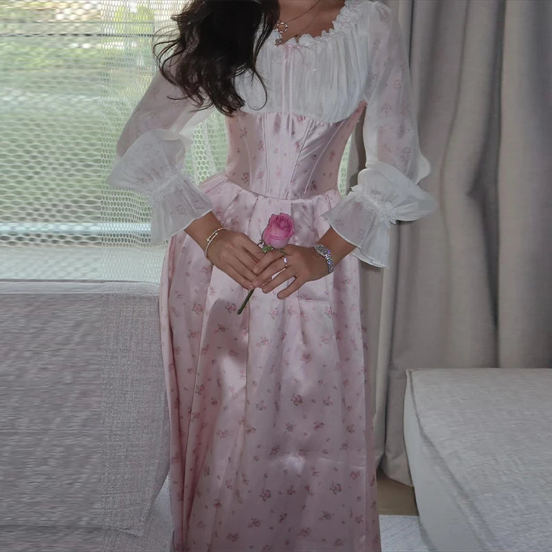Elegant Sweet Pink Floral Print Princess Dress Off-shoulder Long Sleeve Ankle Length Prom Gown 2025 NEW Patchwork Fishbone Dress