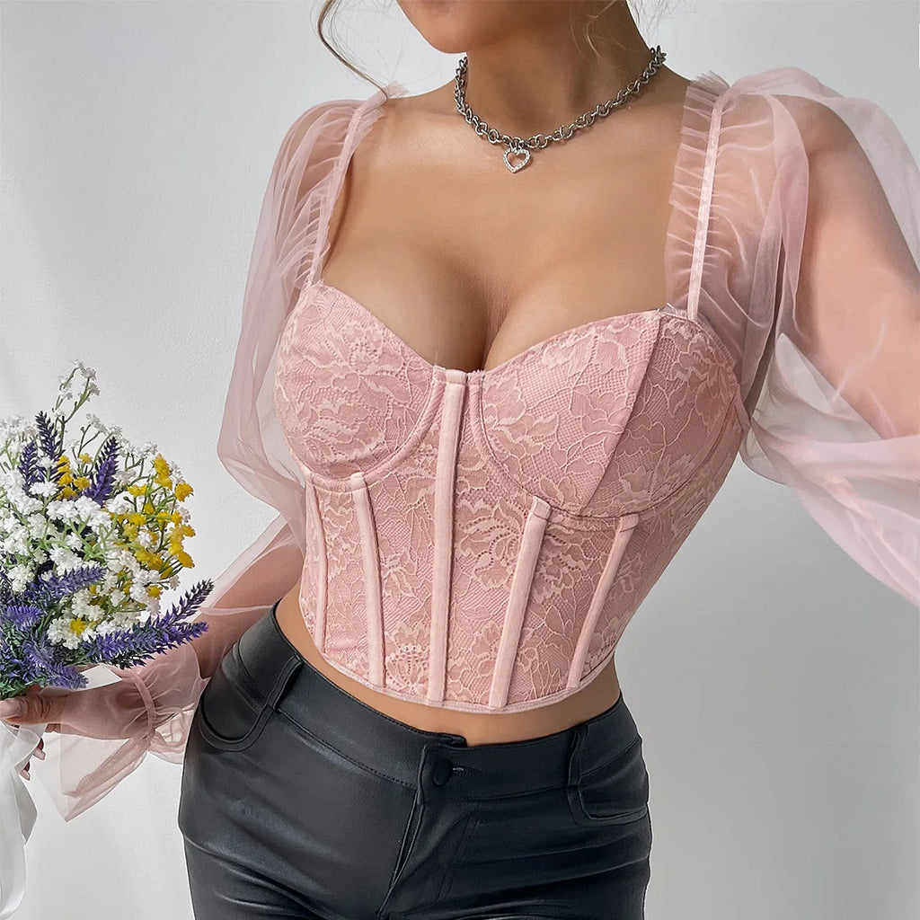 The Midnight Mesh Versailles Corset | Sheer Long Sleeve Bustier | Backless Crop Top | Parisian Princess
