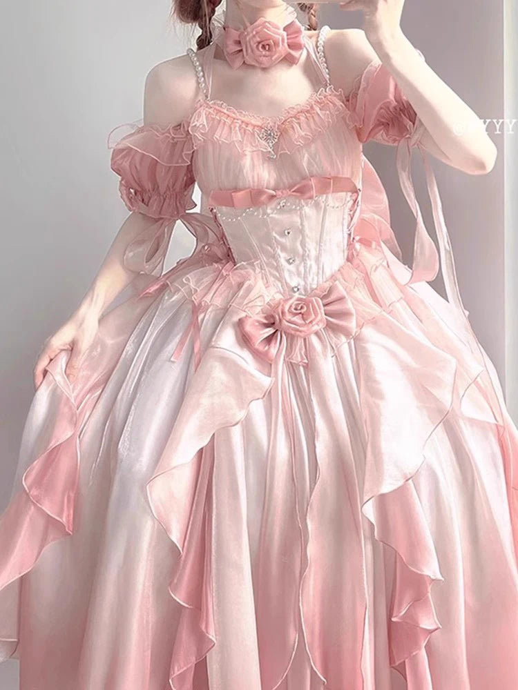 The Versailles Fairy Pink Bow Gown | Off-Shoulder Lolita Wedding Dress | Empire Waist Fairy Princess Maxi | Parisian Princess