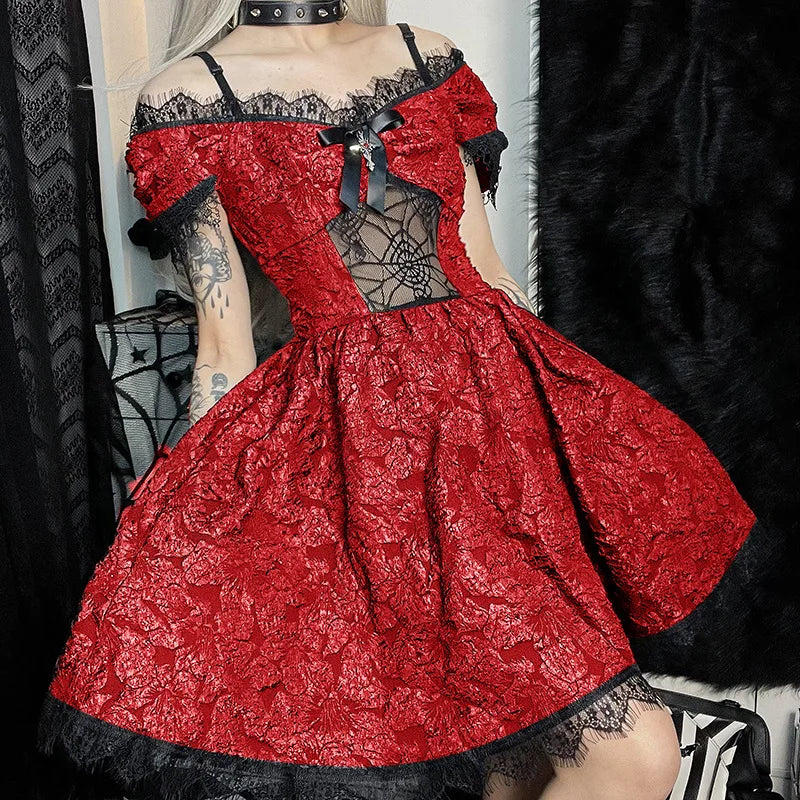 Gothica Lace Short Dress Women Cobweb Patchwork Short Sleeve Cold Shoulder Halloween Outfit Horror Ruffle Trim Costume