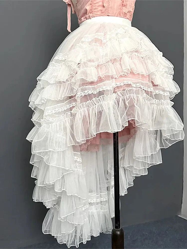 The April Moda High-Low Skirt | Gothic Lolita Lace Layered Midi | French Mesh Ruffle Skirt | Parisian Princess