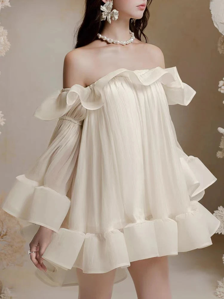 French one-shoulder ruffled strapless dress autumn women's wear princess dress fashionable loose puffy dress