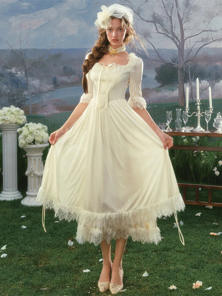 The Swan Regina Gown | French Vintage Court Satin Dress | Elegant Square Neck Wedding Maxi | Parisian Princess