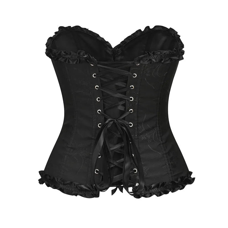 Yellow Jacquard Ruffled Trim Boned Sexy Overbust Push Up Bustier Top Corset Mujer Slimming Corsets For Women Sexy Gothic Clothes