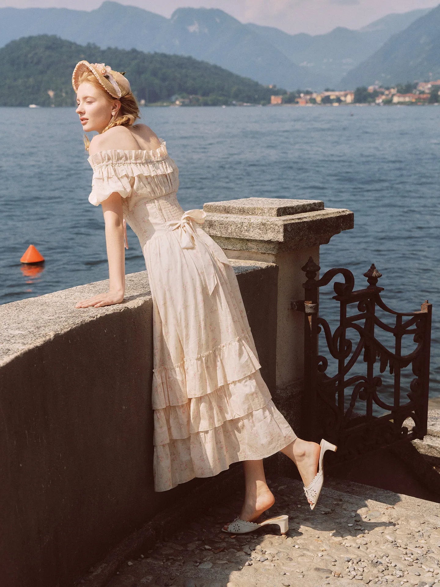 The Parisian Cotton Summer Garden Gown | Vintage Empire Waist Cotton Maxi | Slash Neck Puff Sleeve Ruffle Dress | Parisian Princess