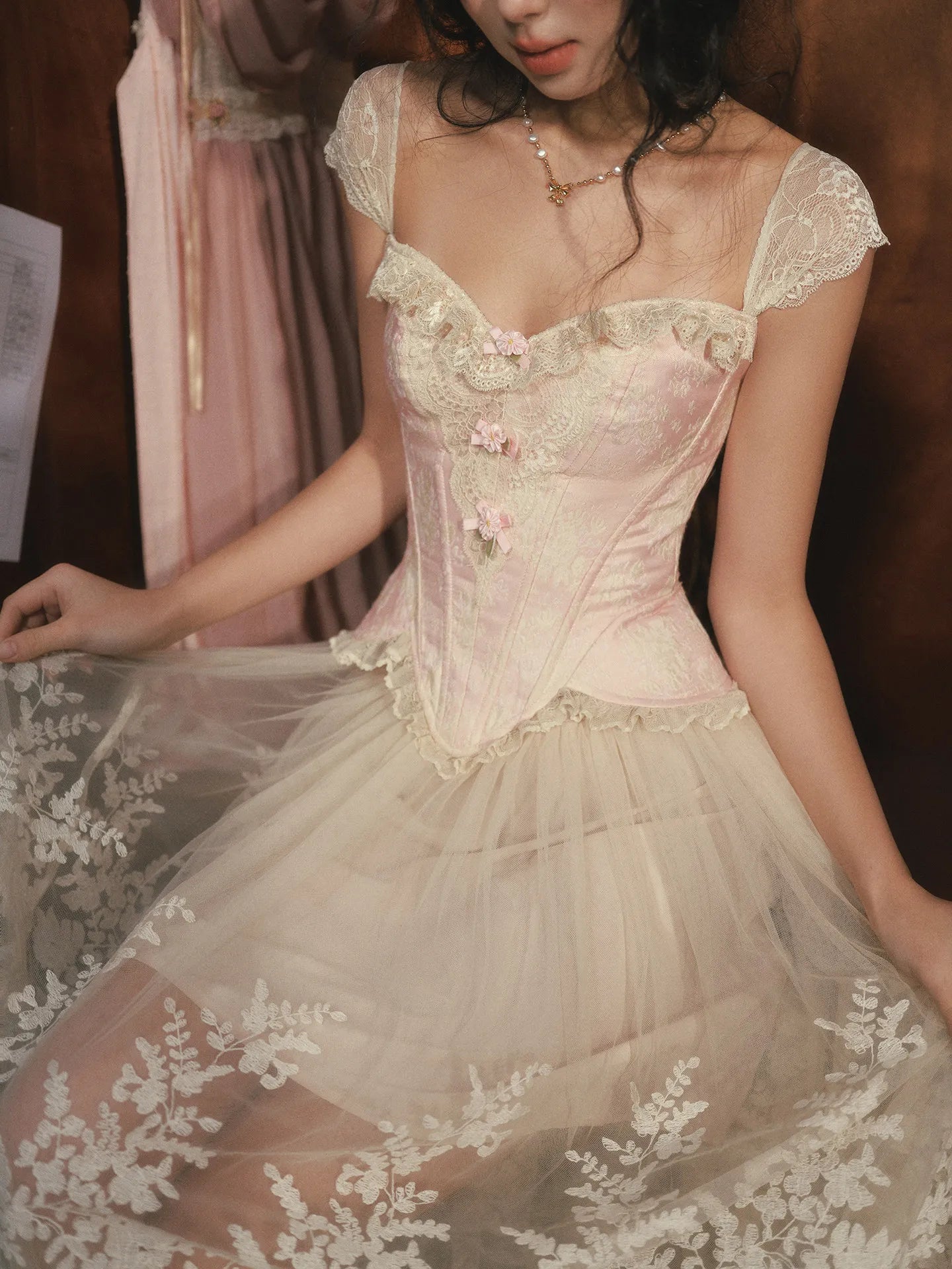 The Rosebud Versailles Lace Set | Pink Bustier & Shimmer Beige Maxi Skirt | Embroidered Two-Piece Gown | Parisian Princess