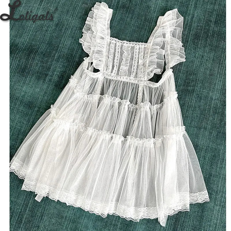 Sheer Mesh Lolita Cover up Dress Ruffled JSK Dress w. Lace Detailing