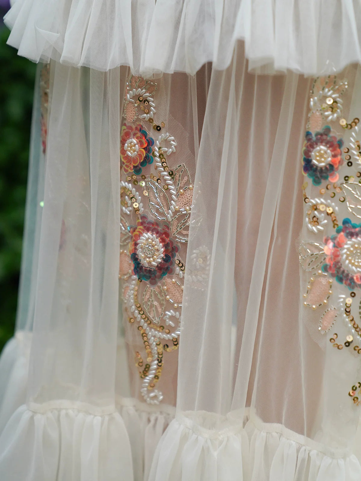The Aurelia Beaded Gauze Skirt | Hand-Stitched Apricot Maxi | French Flounce Skirt with Ear Fringe | Parisian Princess