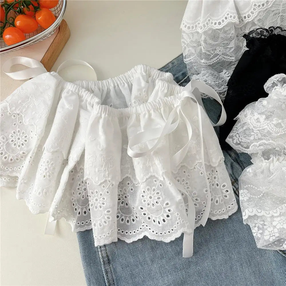 Lace Mini Skirts Women Elegant Sweet Lolita Short Skirts High Waist Ruffle Skirts Lace Trim Butt Curtain Skirt