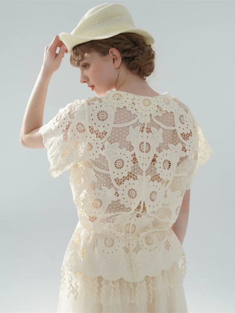 The Palais Cutwork Blouse | Summer Lace Shirt | Handmade 3D Floral All-Over Embroidered Turn-Down Collar Blouse | Parisian Princess
