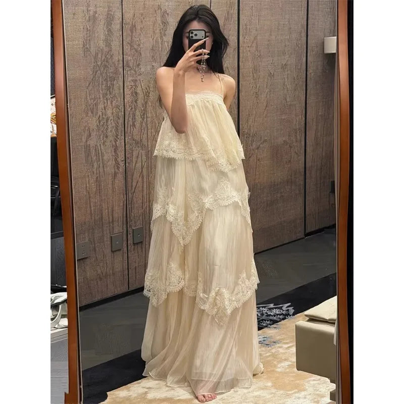 The Tuileries Fairy Lace A-Line Gown | High-Waist Sleeveless Maxi | French Vintage Zip-Up Dress | Parisian Princess