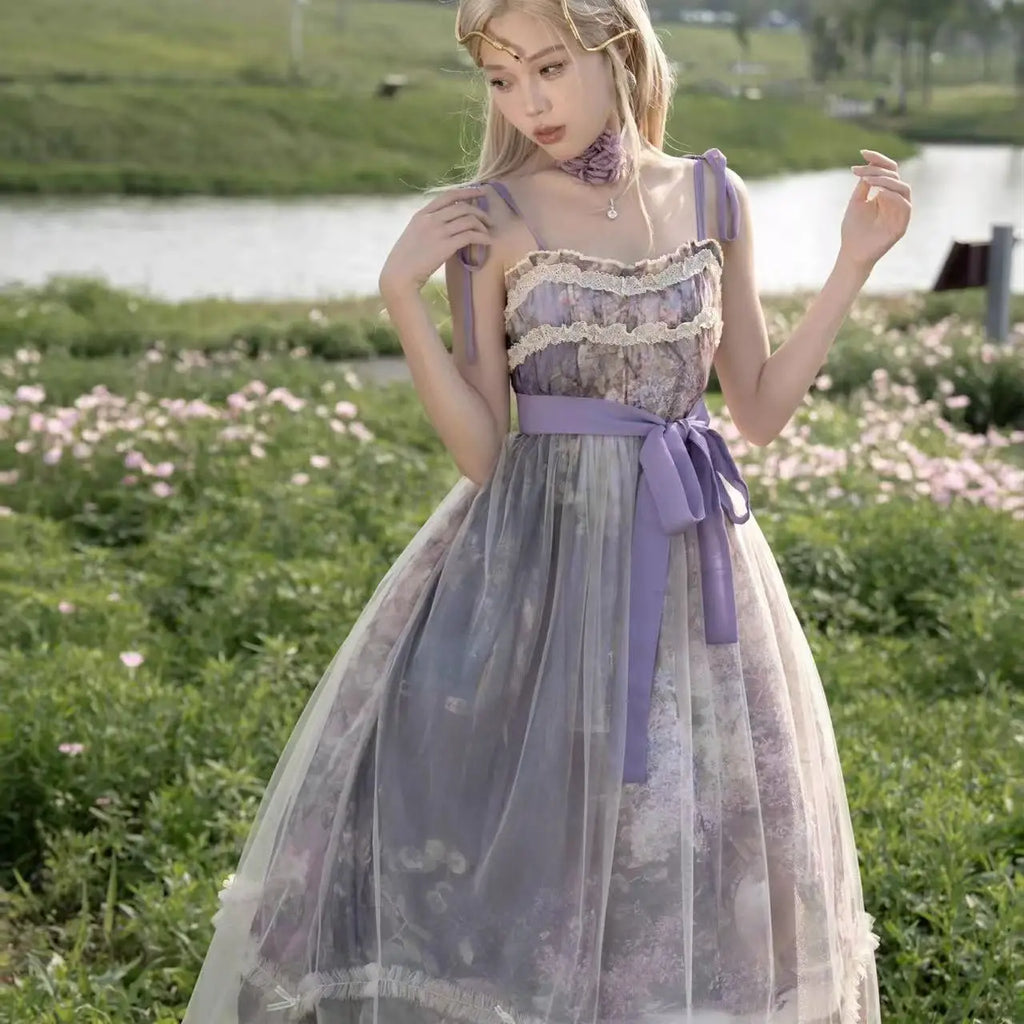 The Lavender Fields Oil Painting Bow Gown: A Parisian Masterpiece | Original Art Print Dress | Parisian Princess
