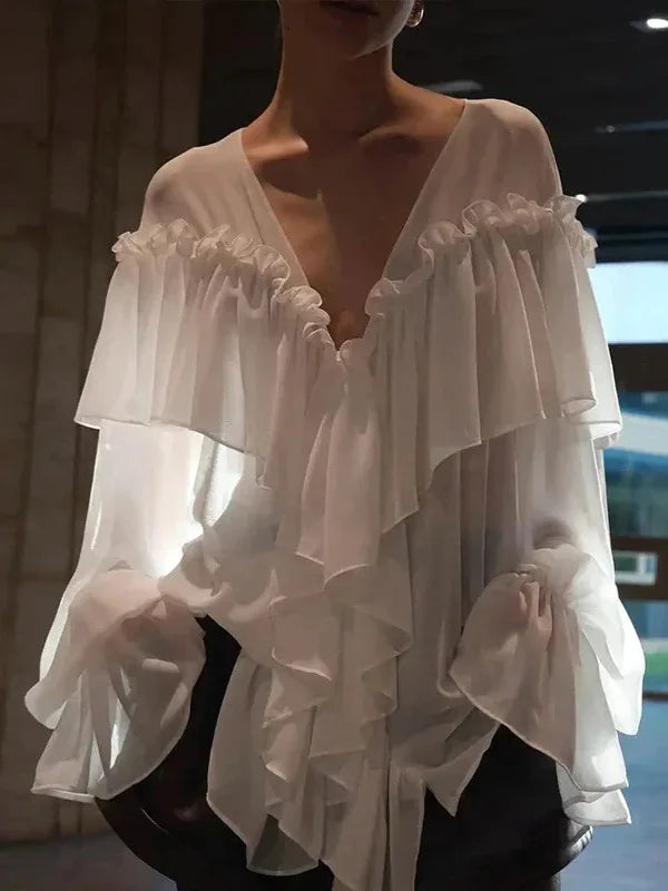 The Éclat Summer Tiered Blouse | French V-Neck Gauze Top | Ethereal Loose Fit Manteau | Parisian Princess