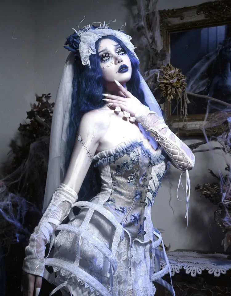 Parisian White Gothic Dress Birdcage Tube Emboridery Zombie Bride Slip Dress Palace Holloween Party Dresses Vestido Large
