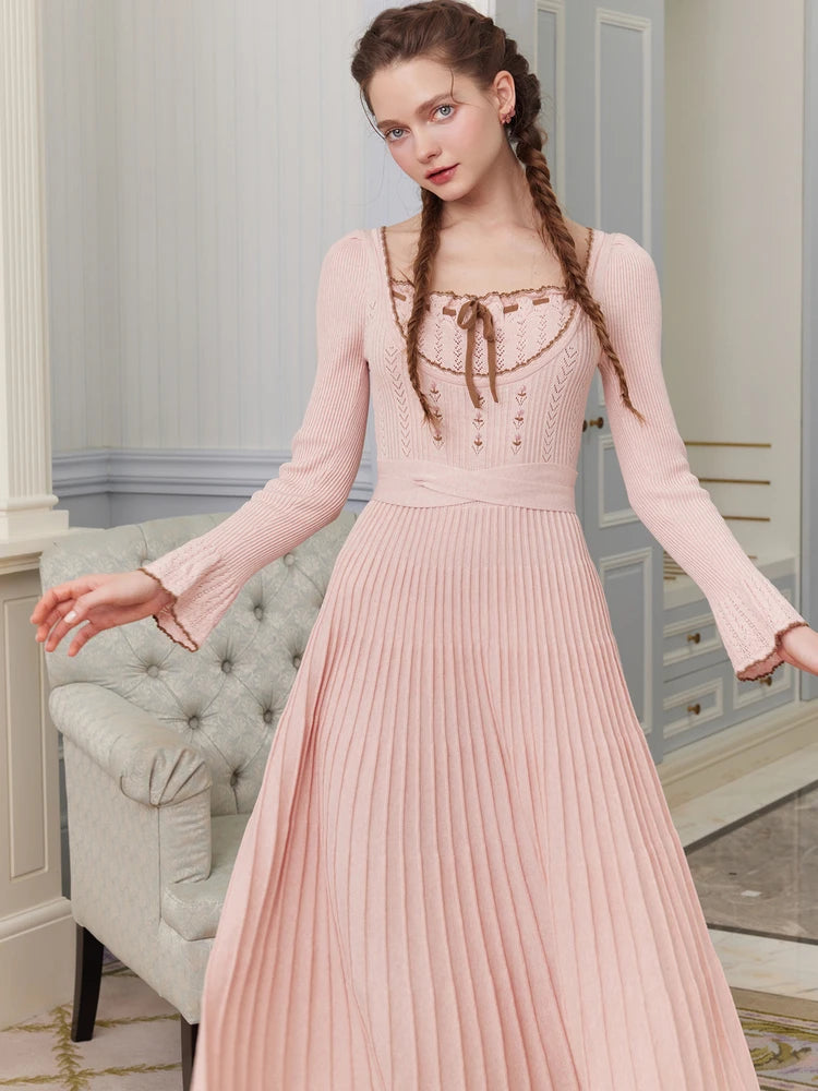 76-88cmBust FallWinter Long Pleated Dress Women Vintage ElegantSlim Embroidery Square Neck Flare Sleeve 100%Cotton Knitted Dress