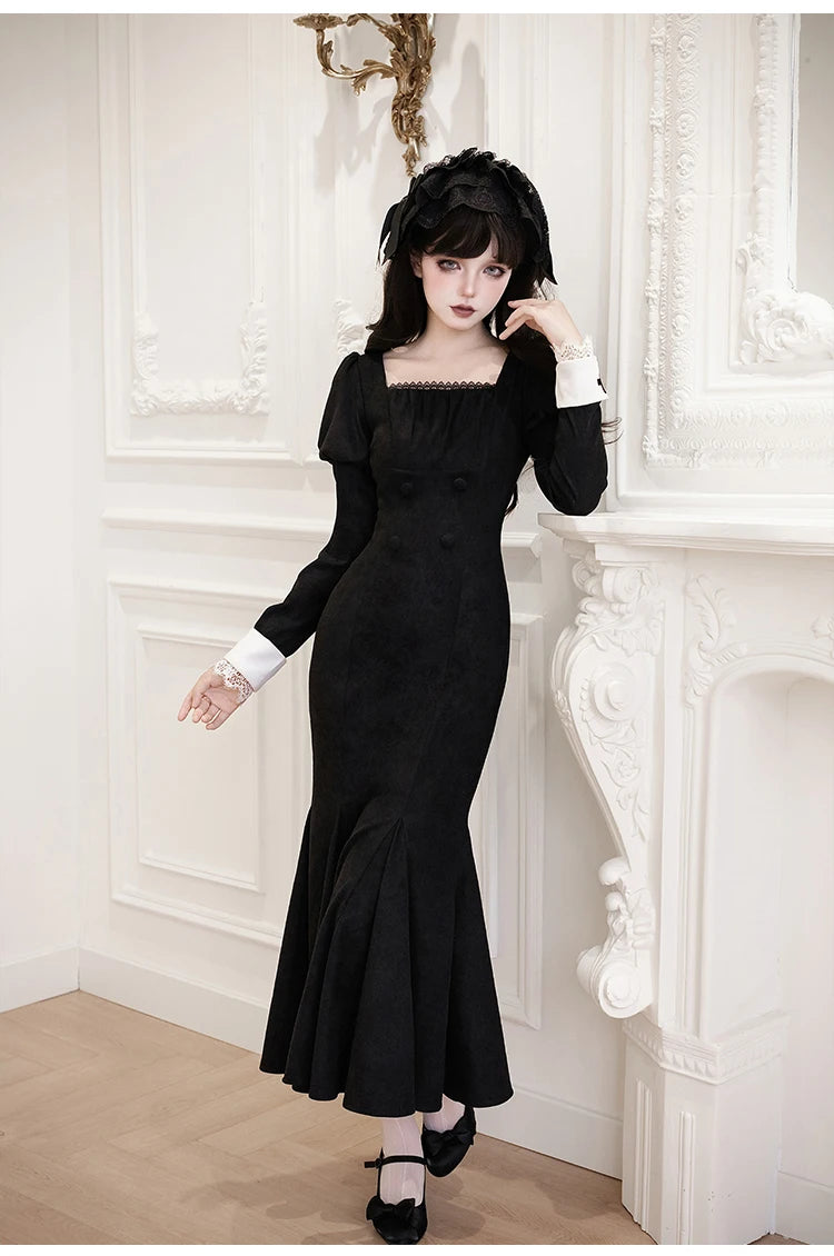 Original French Elegant Court Black Long Mermaid Dresses Op Autumn New Women's Slim Fit Lolita Long Sleeve Dress Gothic Dresses