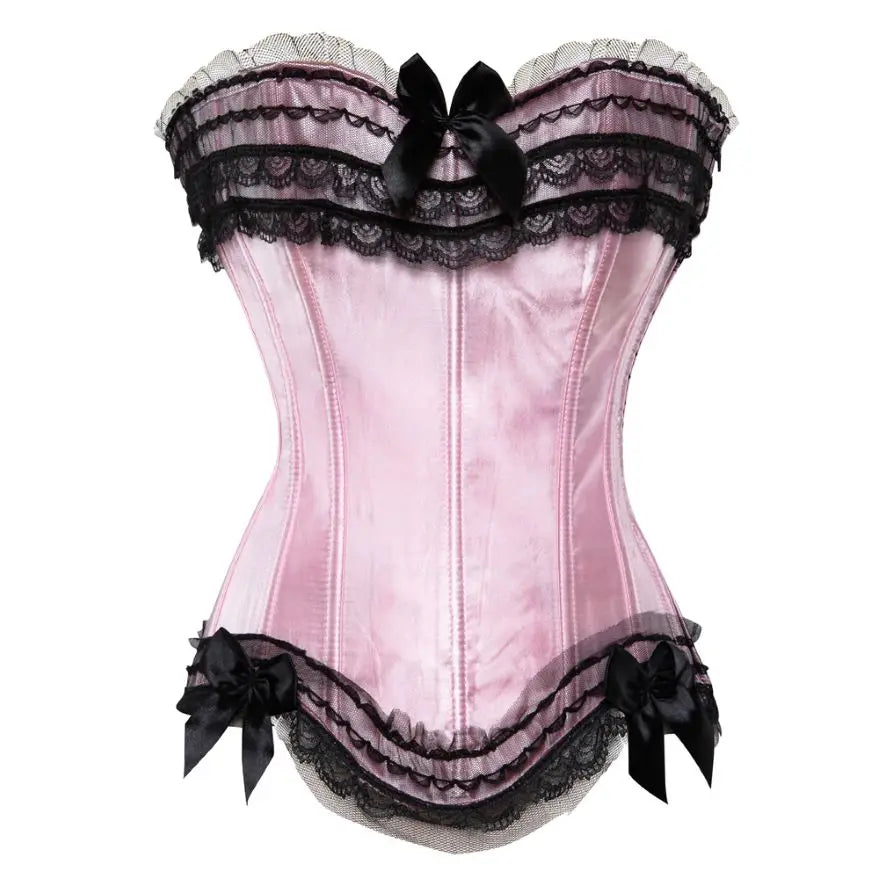 Sexy Lace Overbust Corset Top Women Vintage Satin Bow Bustier Lingerie With Zipper Plus Size Body Shaper Burlesque Corsets