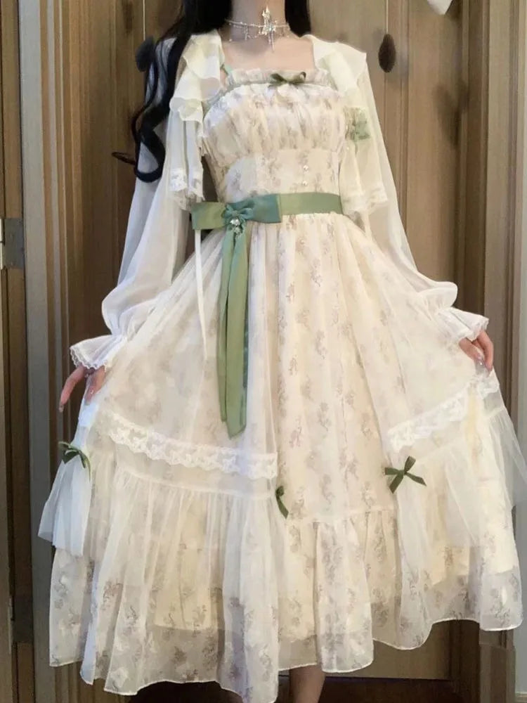 Sweet Gentle Loose Floral Camisole Dress for Women+ Y2k Long Sleeve Sun Protection Cardigan 2026 Summer New Two Piece Sets