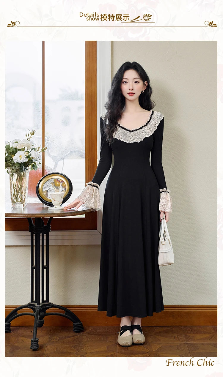Vintage Black Knitted Basic Dress Woman Retro French Style Lace Collar Flare Sleeve Elegant Lady Long Dresses Vestido Negro